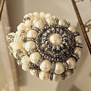 Giant bracelet with pearls,  mirrored beading,  glass beads, crystals,  stretchy
